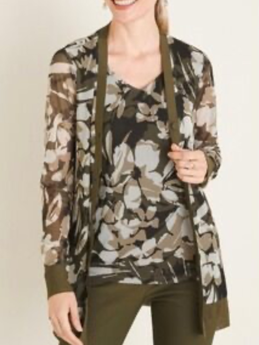 Chico’s Floral Mesh Cardigan with Matching Tank Top Large 2 Piece  Olive